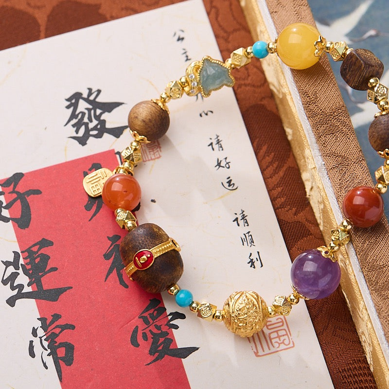 Multi-Gemstone Braided Bracelet | 925 Gold-Plated Silver, Amber, Turquoise & Carnelian