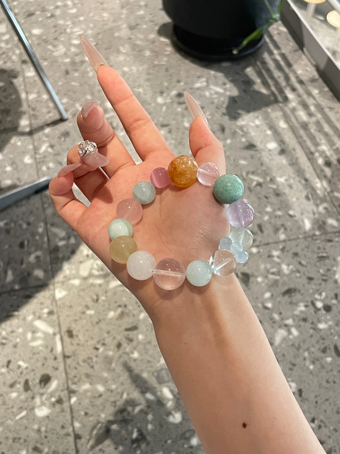 Natural Crystal Beaded Bracelet | Rose Quartz, Aquamarine, Amazonite, Amethyst, Citrine, Green Fluorite, White Crystal, Cat’s Eye, White Phantom | 12–15mm