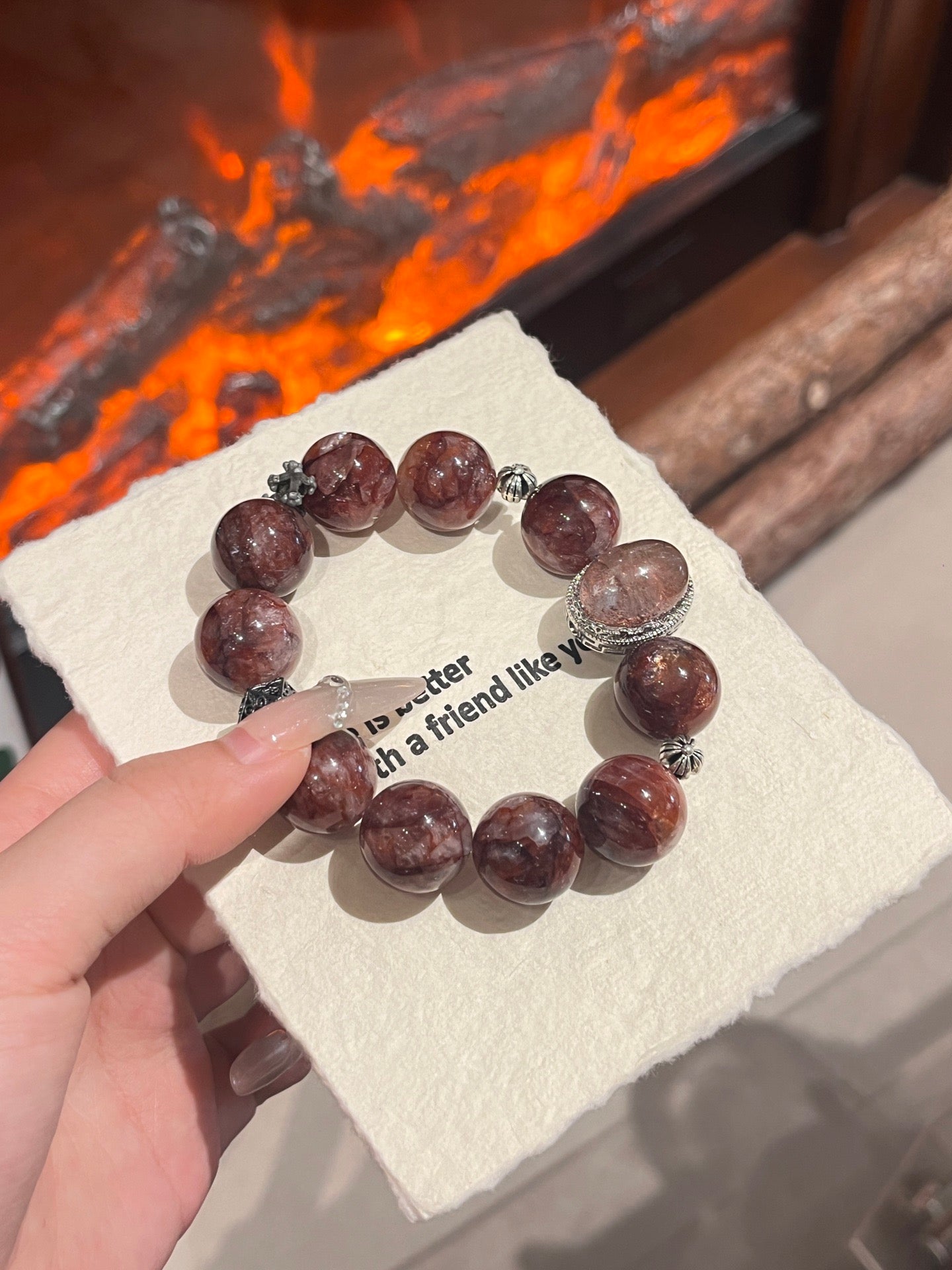 “Rosewood Fortune” Bracelet | Phantom Magic Box & Red Resin Flower 15–16mm