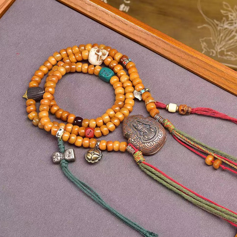 108 Tibetan Recycled Bone Mala Beads – Vintage Barrel Prayer Necklace with Tsa-Tsa & Gau Box Pendant