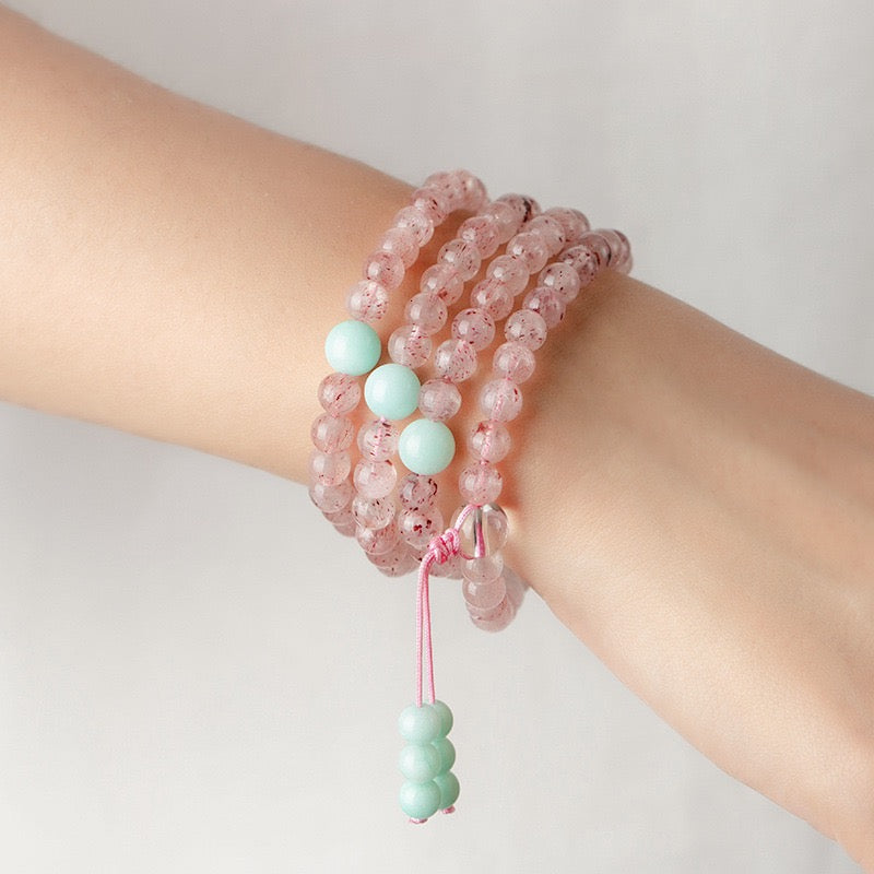 Natural Rose Quartz 6 mm 108 Beads Mala Bracelet Necklace| Multi-Layer Strawberry Quartz Handcrafted Jewelry, Romantic Birthday & Valentine’s Gift