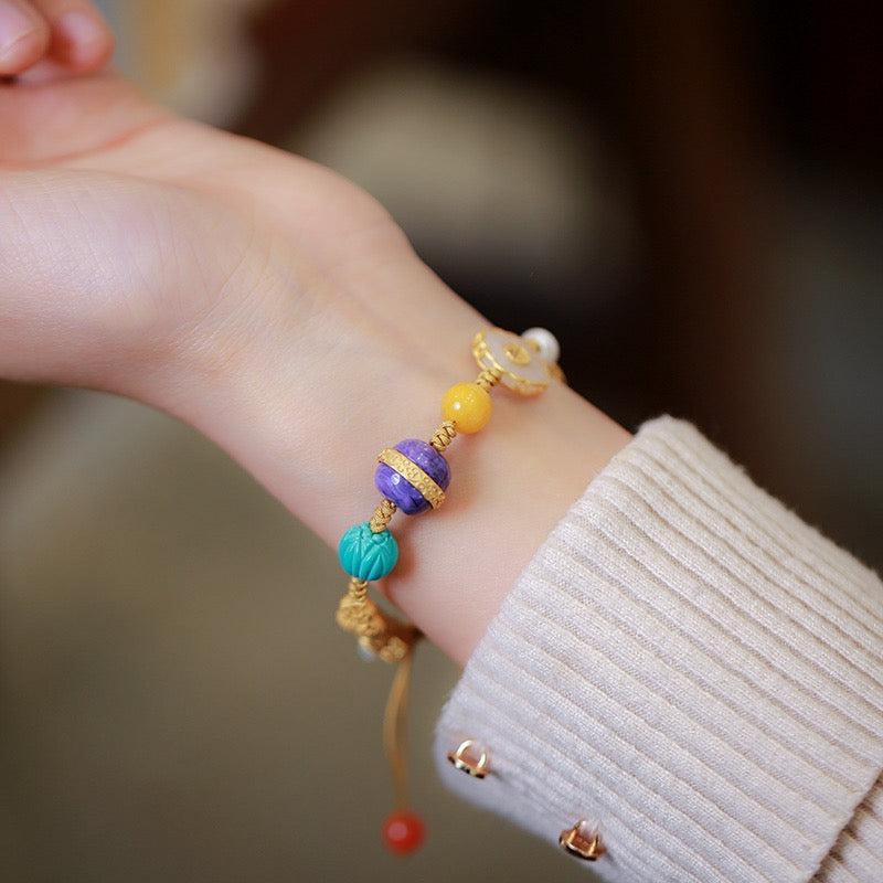 Luxury Multi-Gemstone Woven Bracelet | Jade, Amber, Pearl & Opal with 925 Silver Charms – Perfect Gift