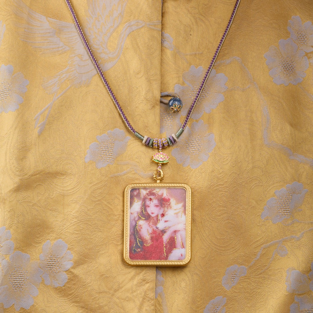 Titanium Frame Gemstone & Mineral Gold-Painted Thangka Necklace with Enamel Lotus (4x5mm, Handmade Cord)
