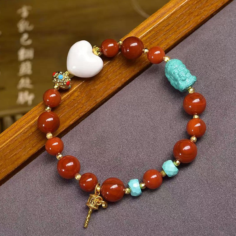 Agate Red 10mm Bead Bracelet – Single Strand with Rose Quartz & Turquoise Accents