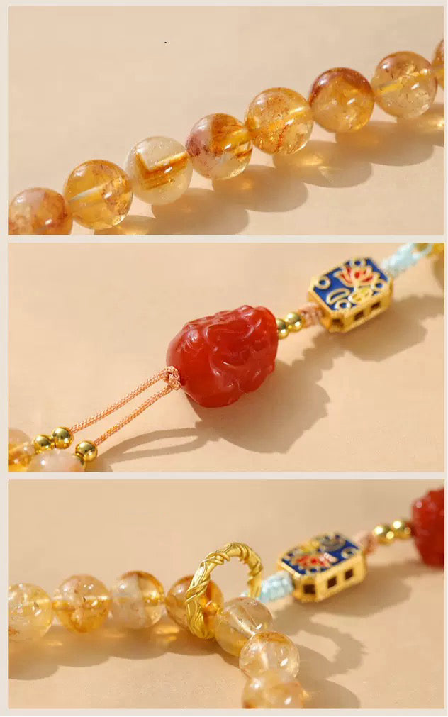 Citrine Multi-Layer Bracelet with Agate Pixiu & Plum Blossom Design