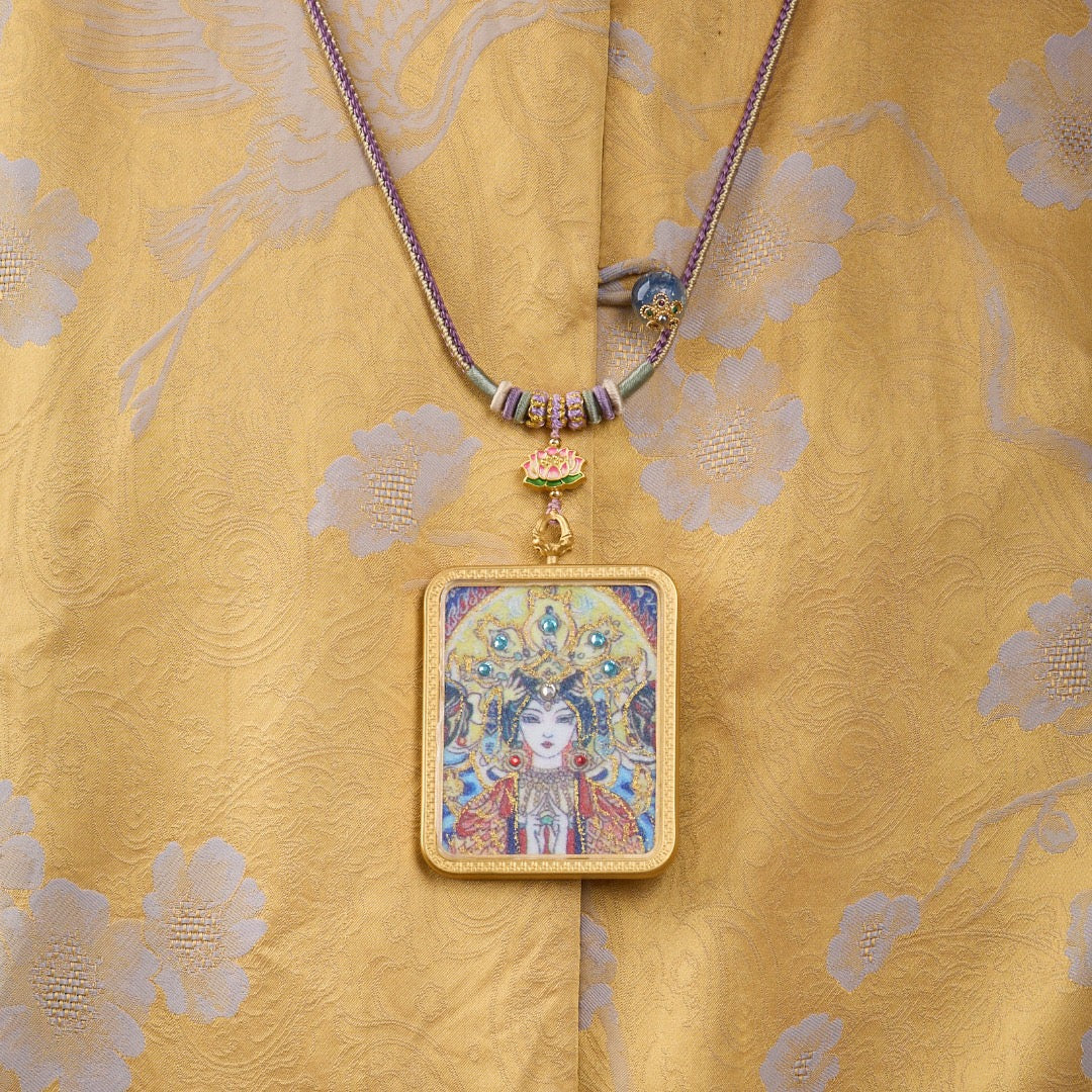 Titanium Frame Gemstone & Mineral Gold-Painted Thangka Necklace with Enamel Lotus (4x5mm, Handmade Cord)