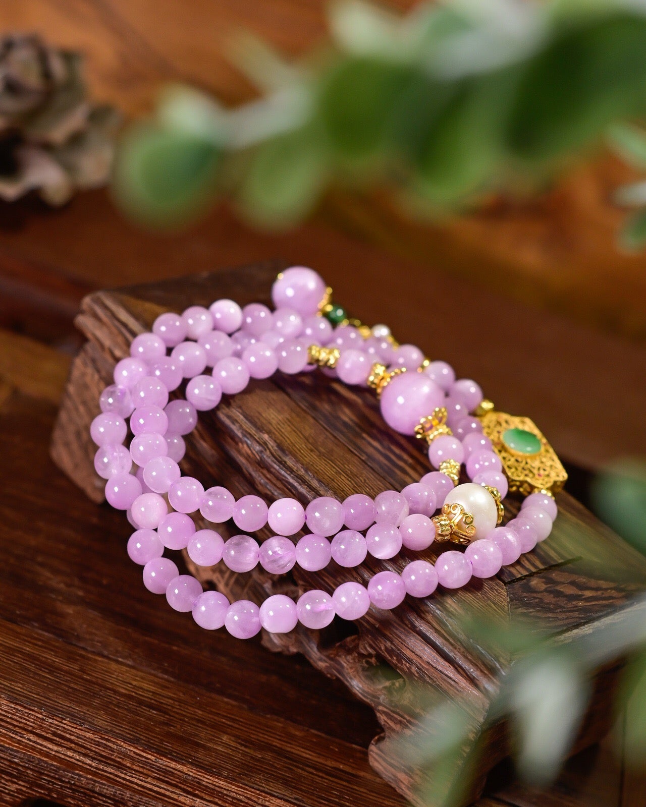 6.3mm Lepidolite 3-Layer Bracelet | Freshwater Pearl with 925 Silver Gold-Plated Jade Pendant