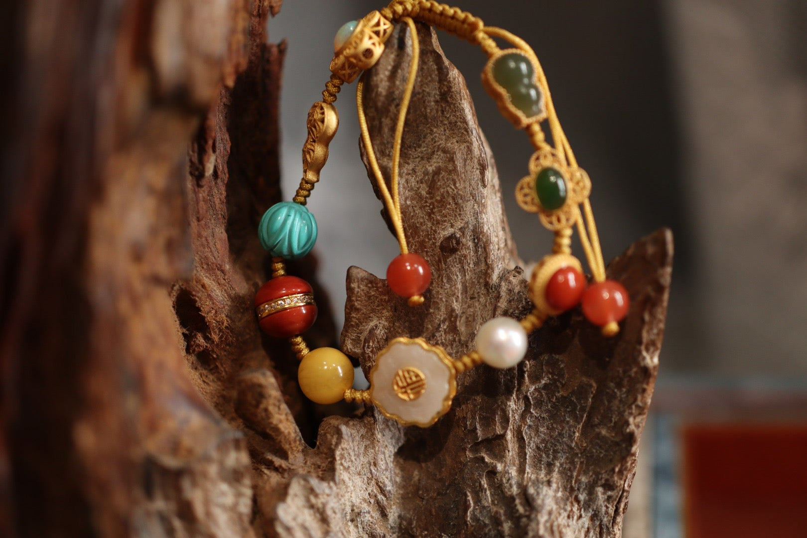 Multi-Gemstone Bracelet | Red Agate, Jade, Pearl & Amber with 925 Gold-Plated Charms