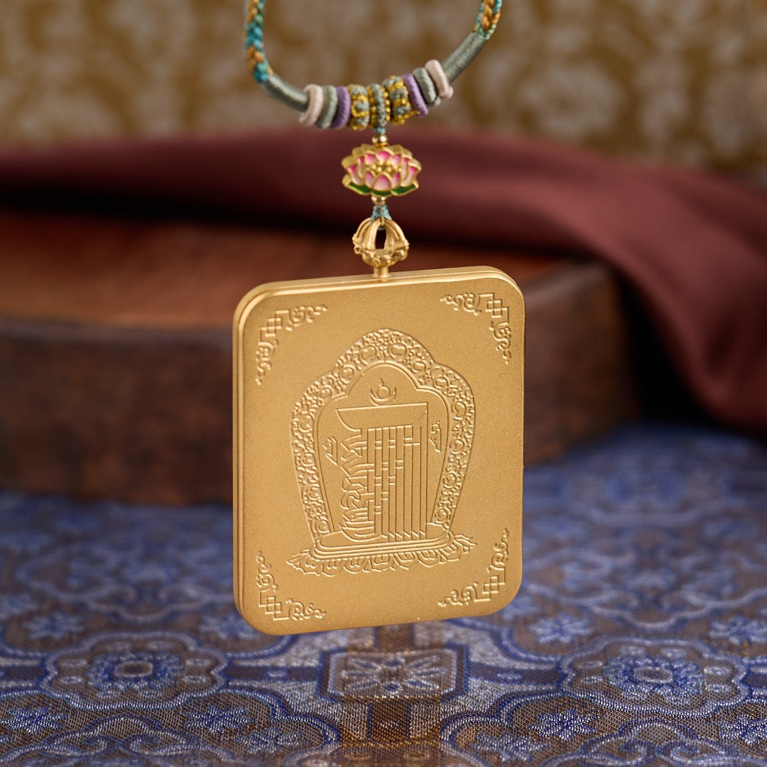 Titanium Frame Gemstone & Mineral Gold-Painted Thangka Necklace with Enamel Lotus (4x5mm, Handmade Cord)