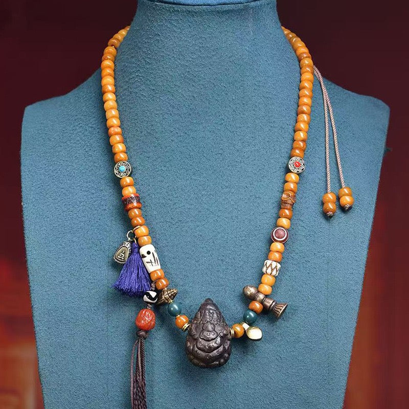 108 Tibetan Recycled Bone Mala Beads – Vintage Barrel Prayer Necklace with Tsa-Tsa & Gau Box Pendant
