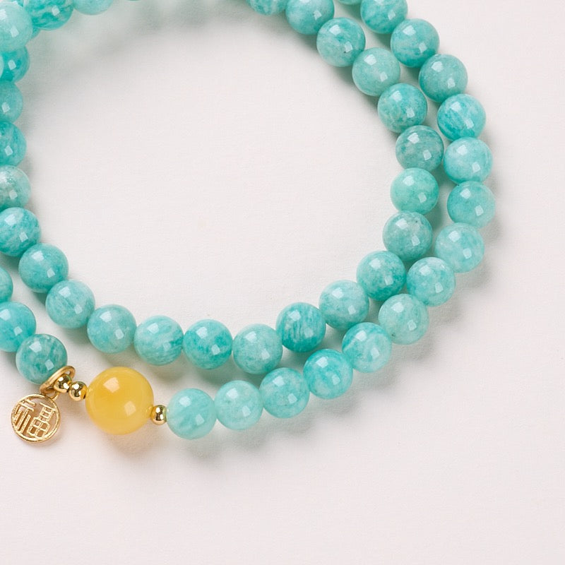 6mm Aquamarine & Natural Amber Double-Layer Bracelet | Hollow Fu Charm