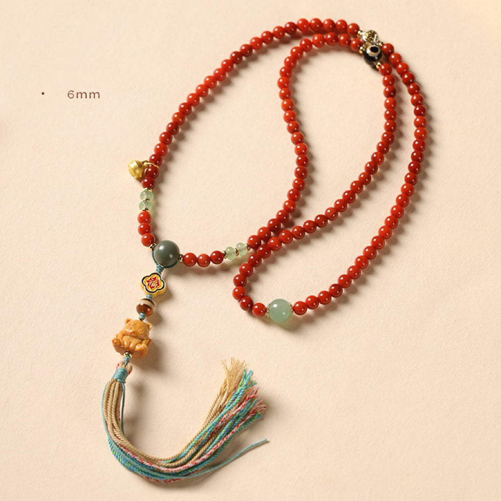 Red Agate 6mm Bracelet /Necklace| Bodhi & Dzi Spacer Beads, Ethnic Buddhist Mala Jewelry for Zodiac Year