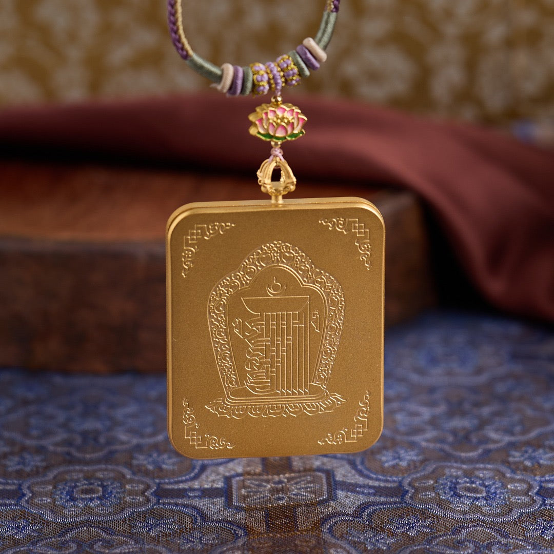 Titanium Frame Gemstone & Mineral Gold-Painted Thangka Necklace with Enamel Lotus (4x5mm, Handmade Cord)