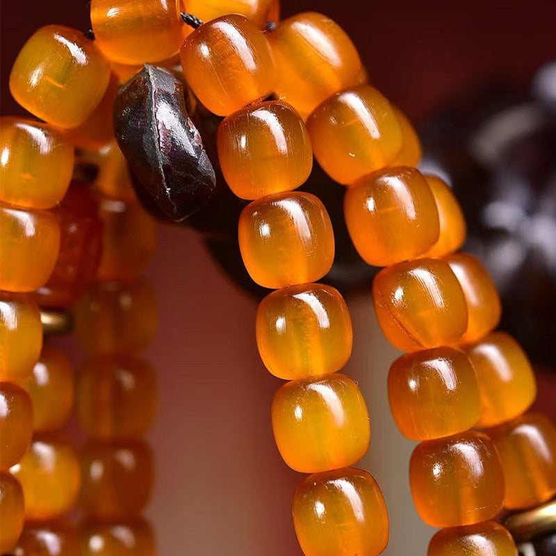108 Golden Tortoise Mala Beads – Natural Tibetan Multi-Layer Prayer Bracelet with Agate & Recycled Yak Bone