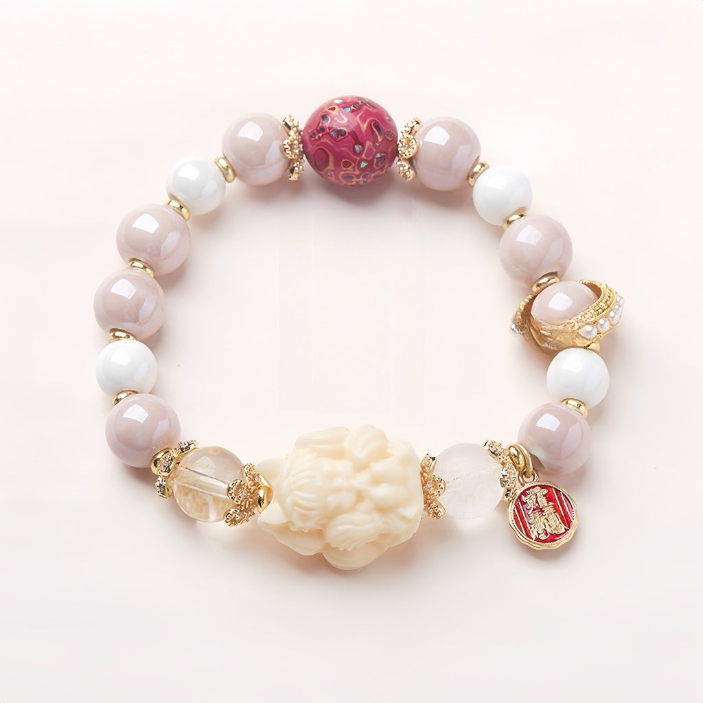 Pink Porcelain Nine-Tailed Pendant & Heart Sutra Bracelet