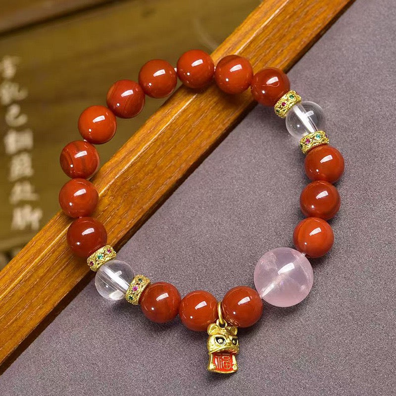 Agate Red 10mm Bead Bracelet – Single Strand with Rose Quartz & Turquoise Accents