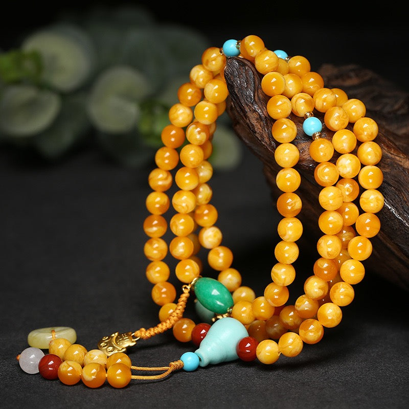 Natural Baltic Amber Beeswax 108 Beads Bracelet & Necklace | Multi-Layer Raw Old Wax Mala Prayer Beads Jewelry