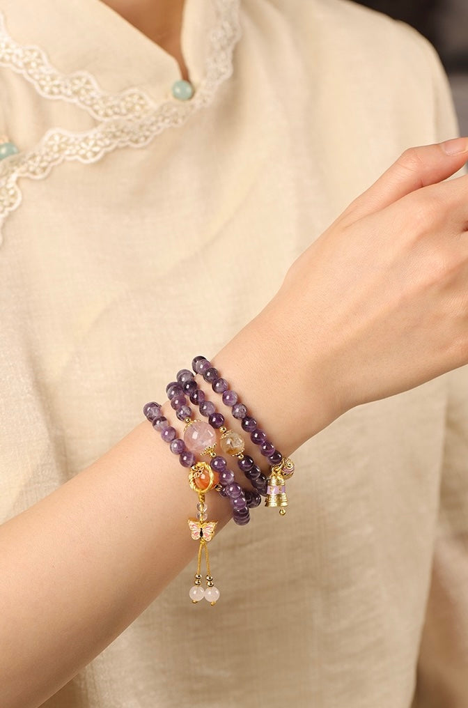 Amethyst Multi-Layer Necklace & Bracelet | Vintage Butterfly Pendant, Versatile Women’s Luxury Jewelry