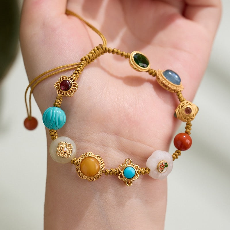 Multi-Gemstone Braided Bracelet | Carnelian, Amber & Turquoise Lotus