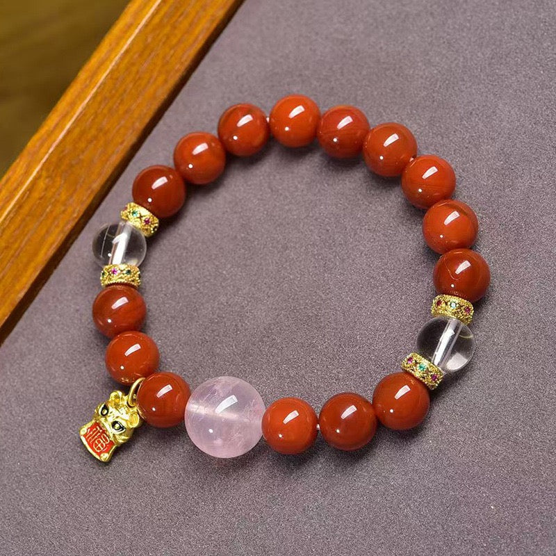 Agate Red 10mm Bead Bracelet – Single Strand with Rose Quartz & Turquoise Accents