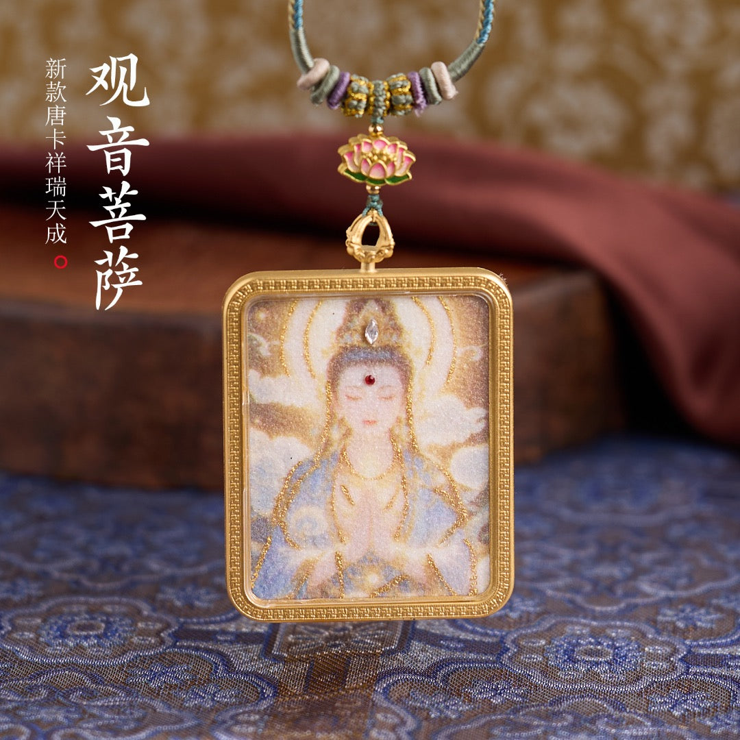 Titanium Frame Gemstone & Mineral Gold-Painted Thangka Necklace with Enamel Lotus (4x5mm, Handmade Cord)