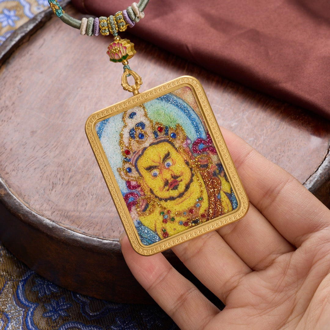 Titanium Frame Gemstone & Mineral Gold-Painted Thangka Necklace with Enamel Lotus (4x5mm, Handmade Cord)