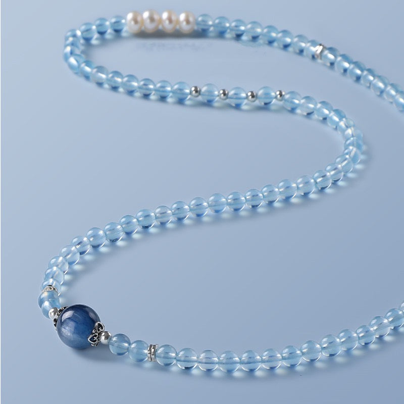 Natural Aquamarine 4–5mm Beaded Multi-Layer Bracelet/Necklace | Elegant Jewelry with Freshwater Pearl Accents