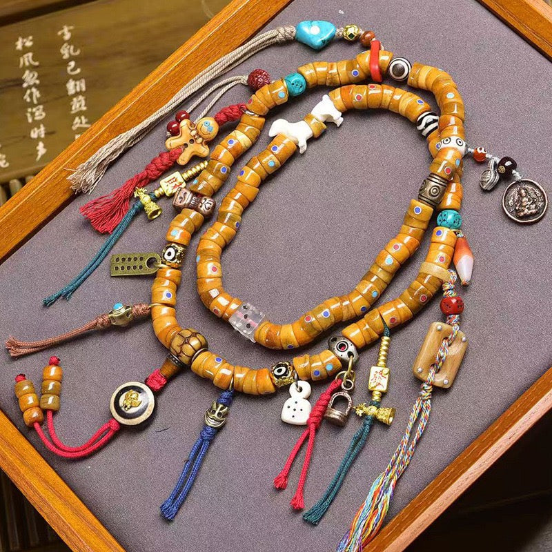 Tibetan Yak Bone Mala – 108 Beads Prayer Necklace with Barrel Beads, Agate & Dzi Beads Accents