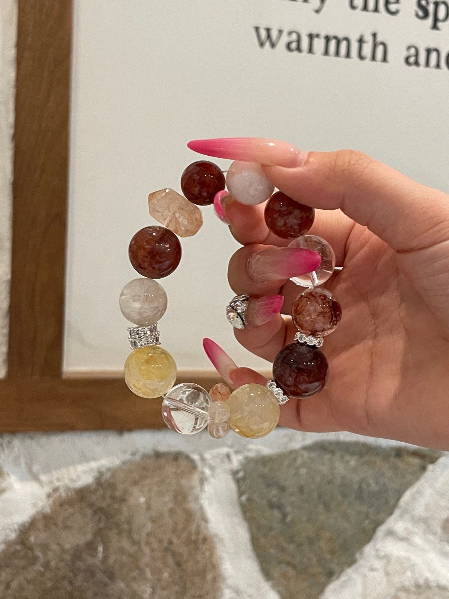 Sunset Glow Crystal Bracelet | Red & Yellow Agate Flower, Clear Quartz & Snow Phantom | 13–16mm