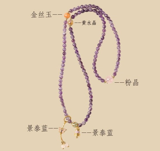 Amethyst Multi-Layer Necklace & Bracelet | Vintage Butterfly Pendant, Versatile Women’s Luxury Jewelry