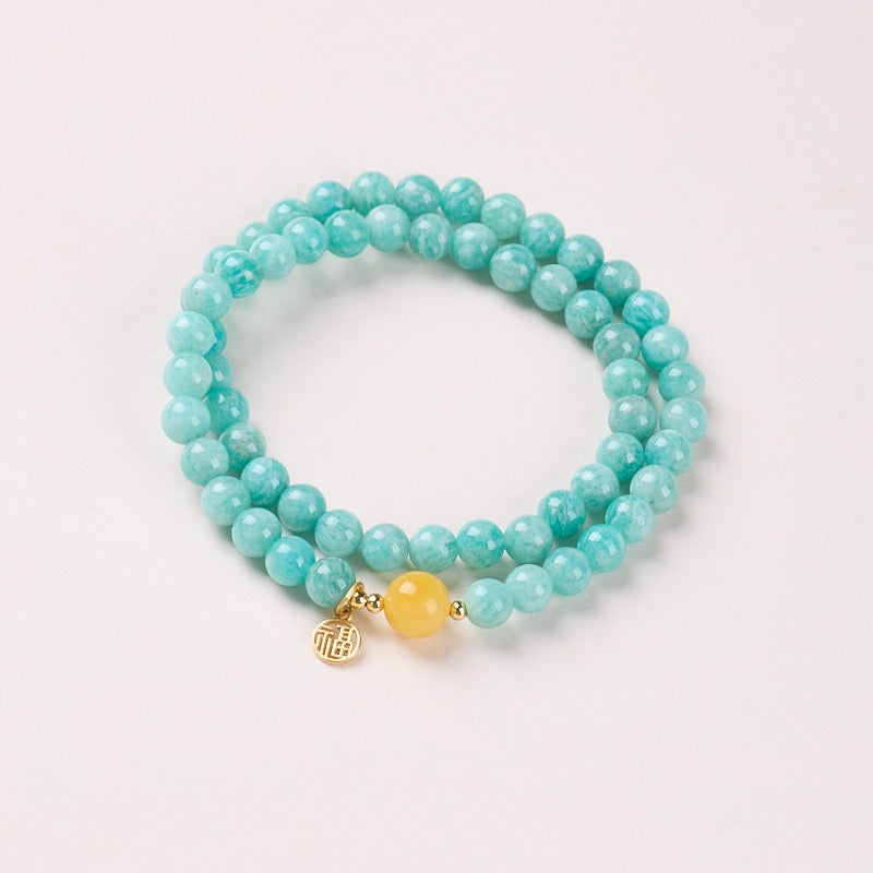 6mm Aquamarine & Natural Amber Double-Layer Bracelet | Hollow Fu Charm
