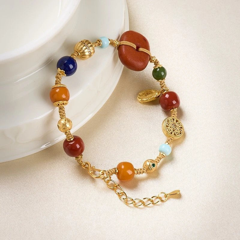 Multi-Gemstone Braided Bracelet | “Perfect Harmony” Series, Natural Amber & 925 Gold-Plated Silver