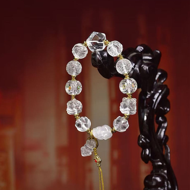 Natural Clear Quartz Bracelet for Women | Carved Beads with Vajra, Lion, Agate & Glass Accents – Multi-Gemstone Prayer Style