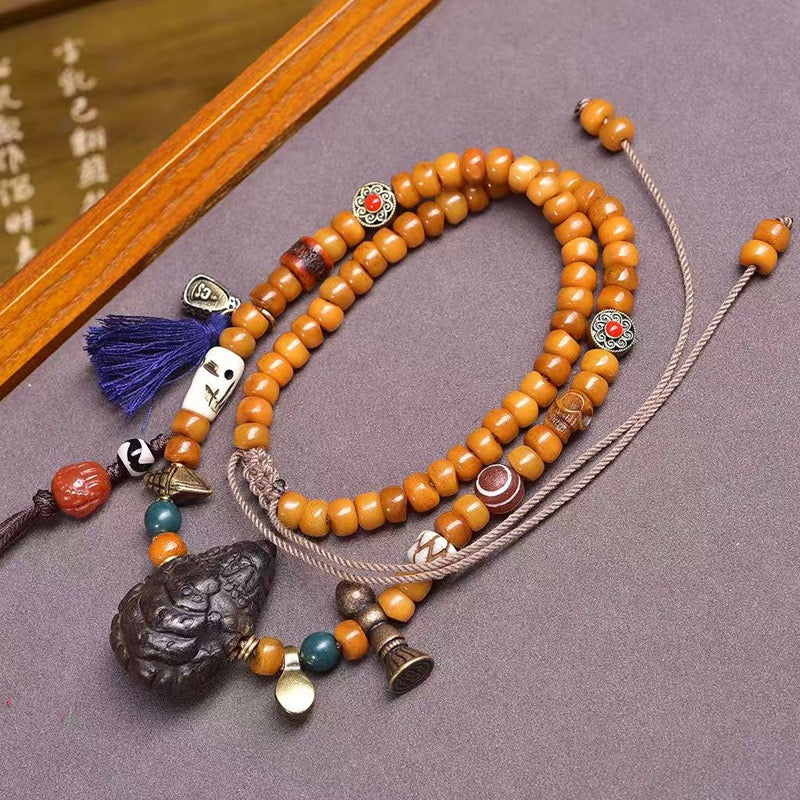 108 Tibetan Recycled Bone Mala Beads – Vintage Barrel Prayer Necklace with Tsa-Tsa & Gau Box Pendant