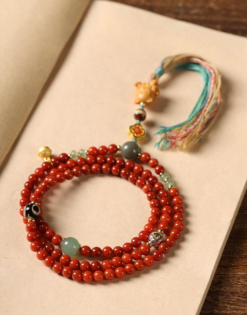 Red Agate 6mm Bracelet /Necklace| Bodhi & Dzi Spacer Beads, Ethnic Buddhist Mala Jewelry for Zodiac Year