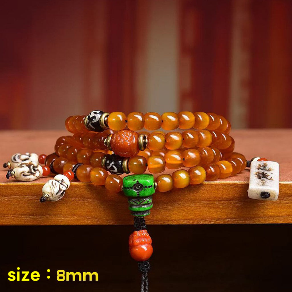 108 Golden Tortoise Mala Beads – Natural Tibetan Multi-Layer Prayer Bracelet with Agate & Recycled Yak Bone