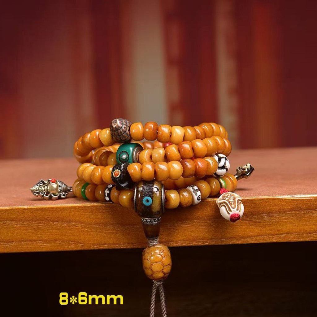 108 Tibetan Recycled Bone Mala Beads – Vintage Barrel Prayer Necklace with Tsa-Tsa & Gau Box Pendant