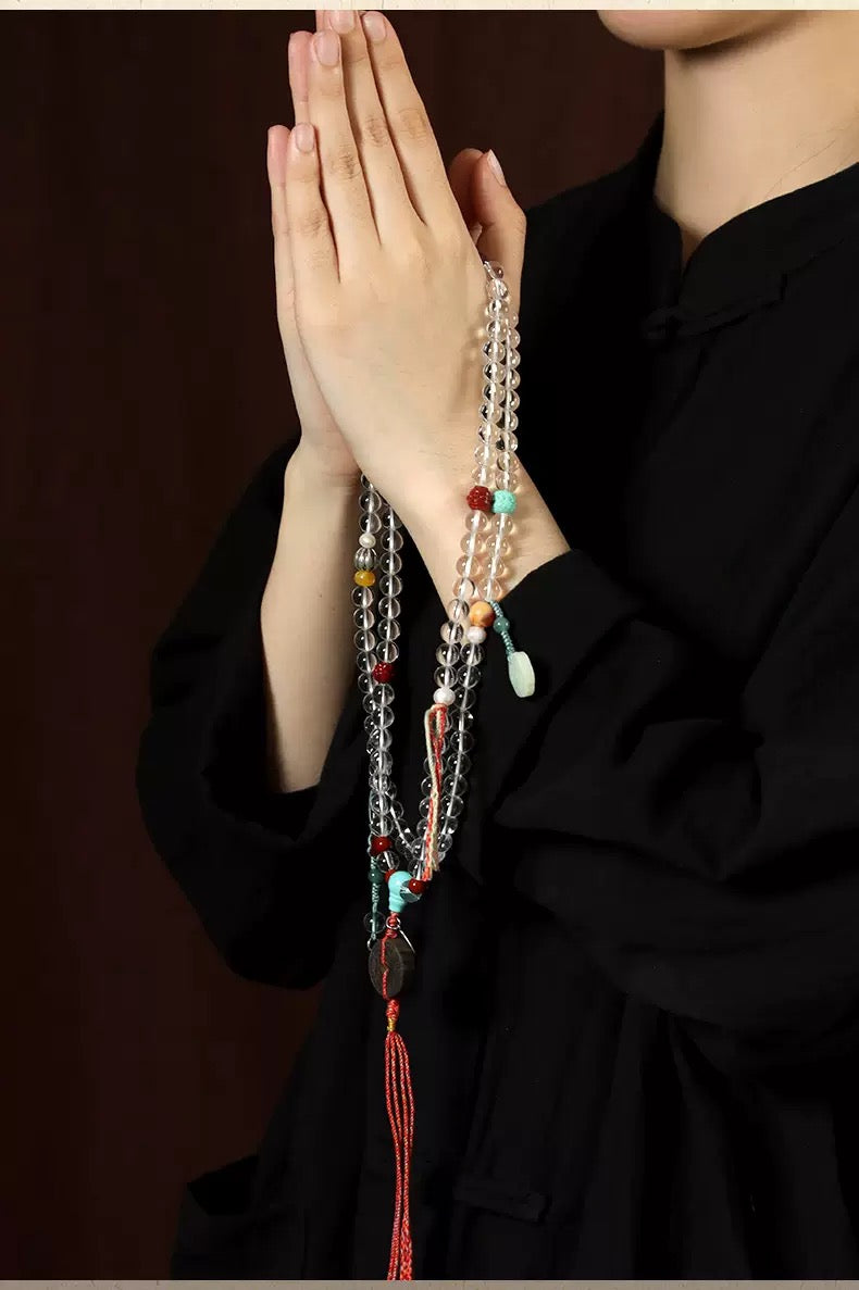 8mm 108-White Crystal Buddhist Mala Beads Bracelet Necklace