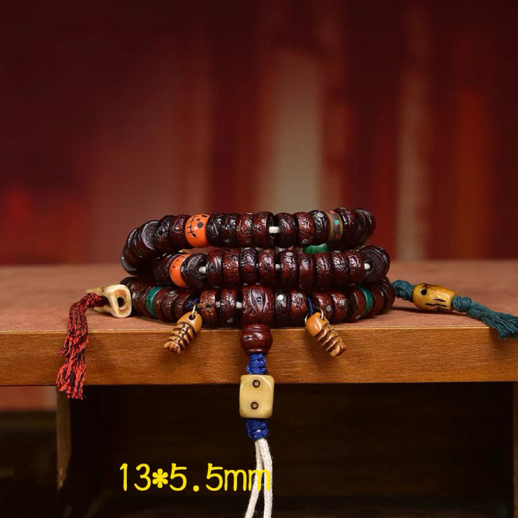 108 Natural Aged Bodhi Seeds Mala – Tibetan Necklace with Glass Beads & Recycled Bone Charms