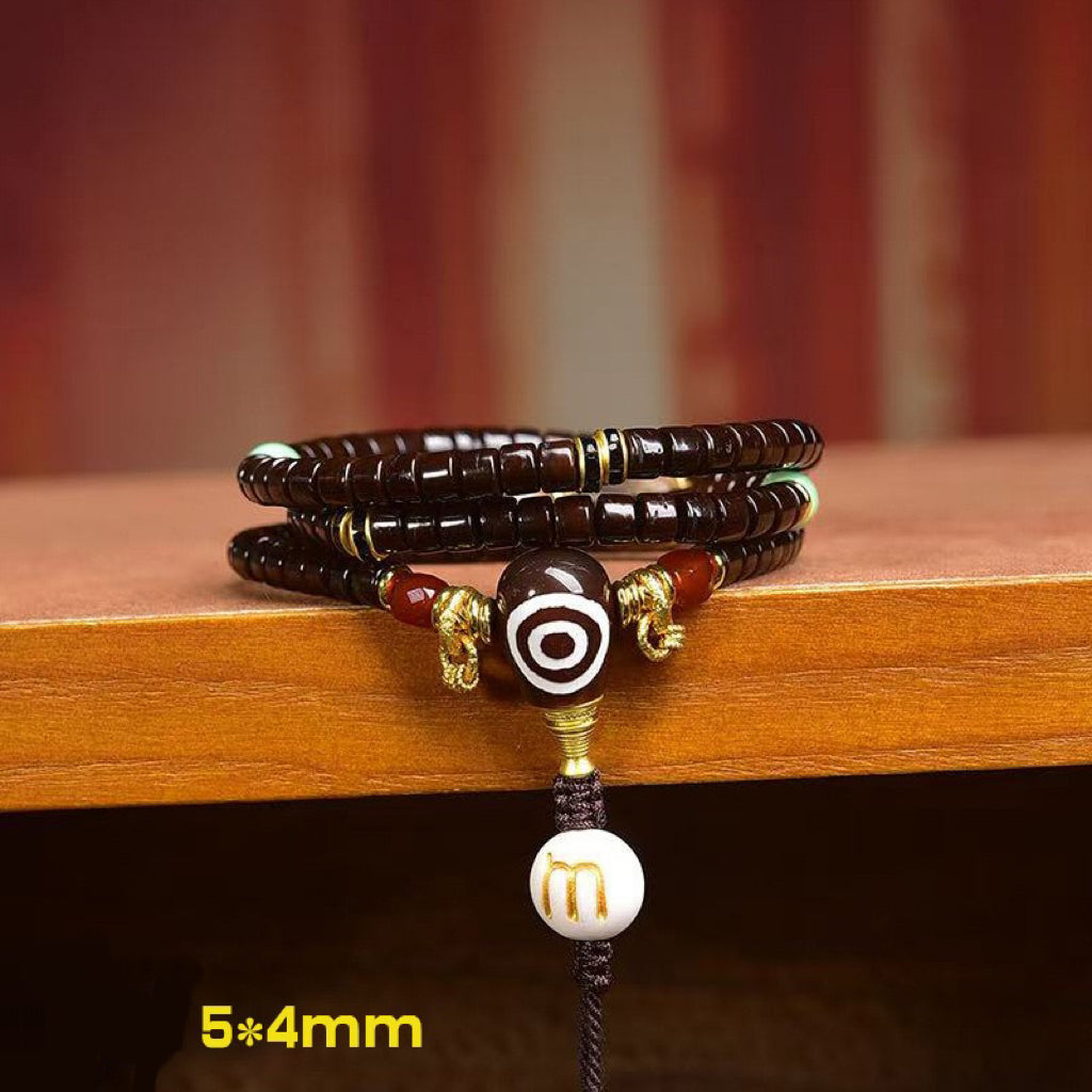 Natural Coconut Barrel Beads Mala – Multi-Layer Bracelet & Necklace with Agarwood, Turquoise & Agate