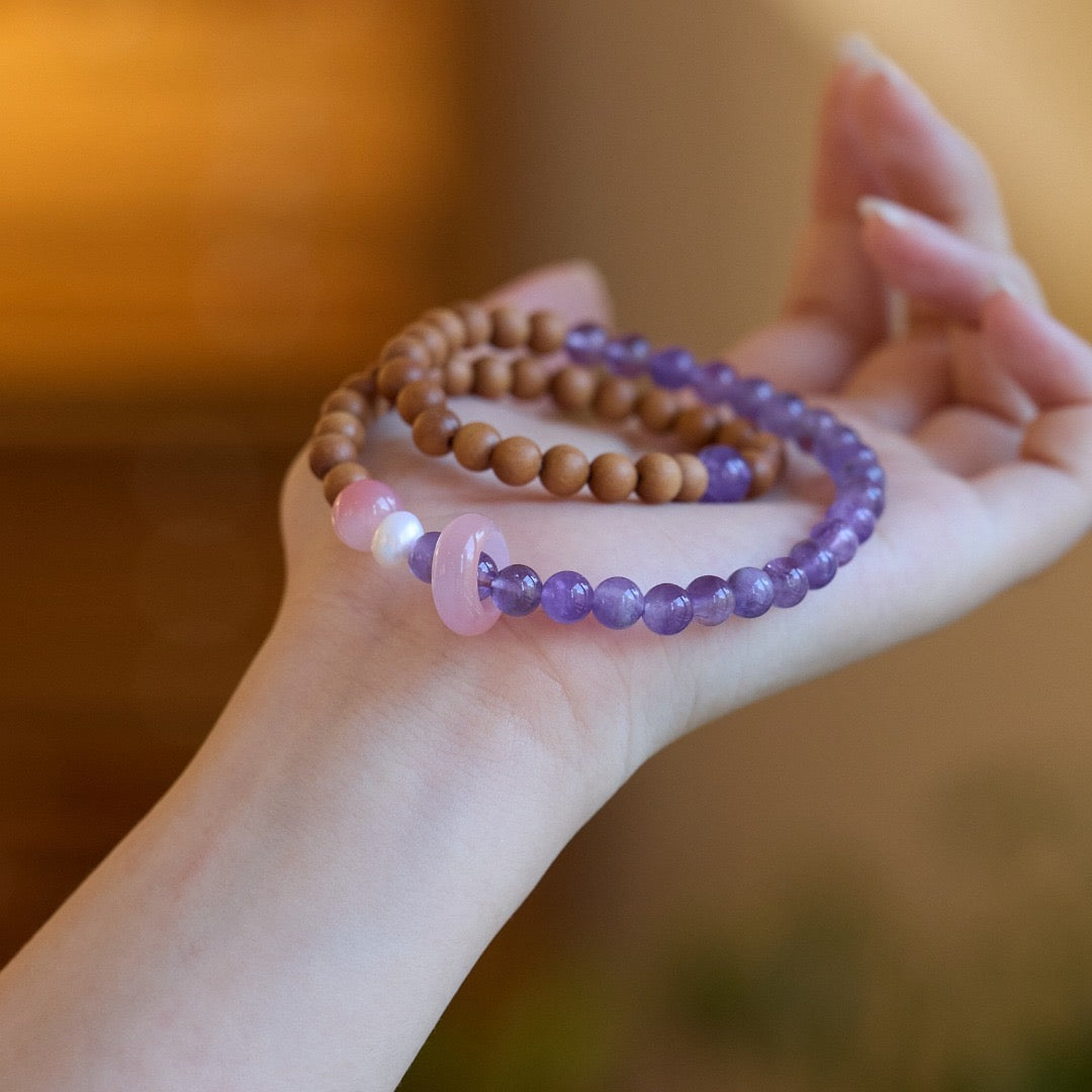 6mm Barbie Sandalwood & Amethyst Double-Layer Bracelet