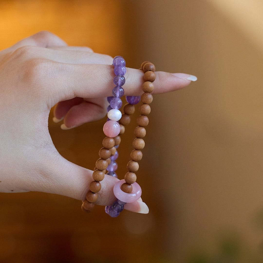 6mm Barbie Sandalwood & Amethyst Double-Layer Bracelet