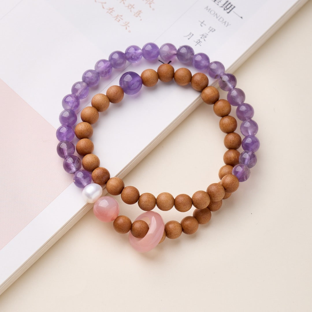 6mm Barbie Sandalwood & Amethyst Double-Layer Bracelet