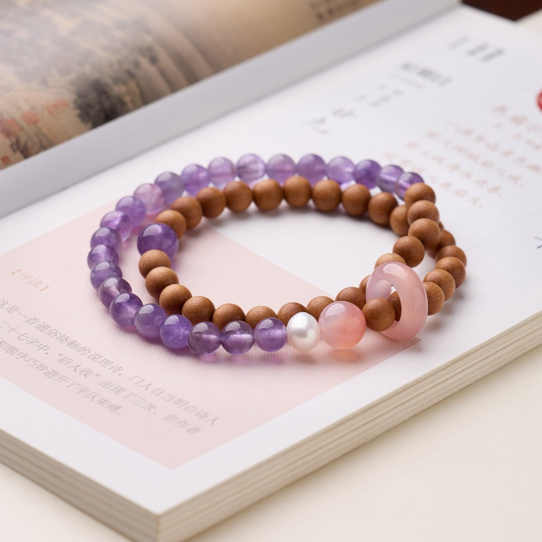 6mm Barbie Sandalwood & Amethyst Double-Layer Bracelet