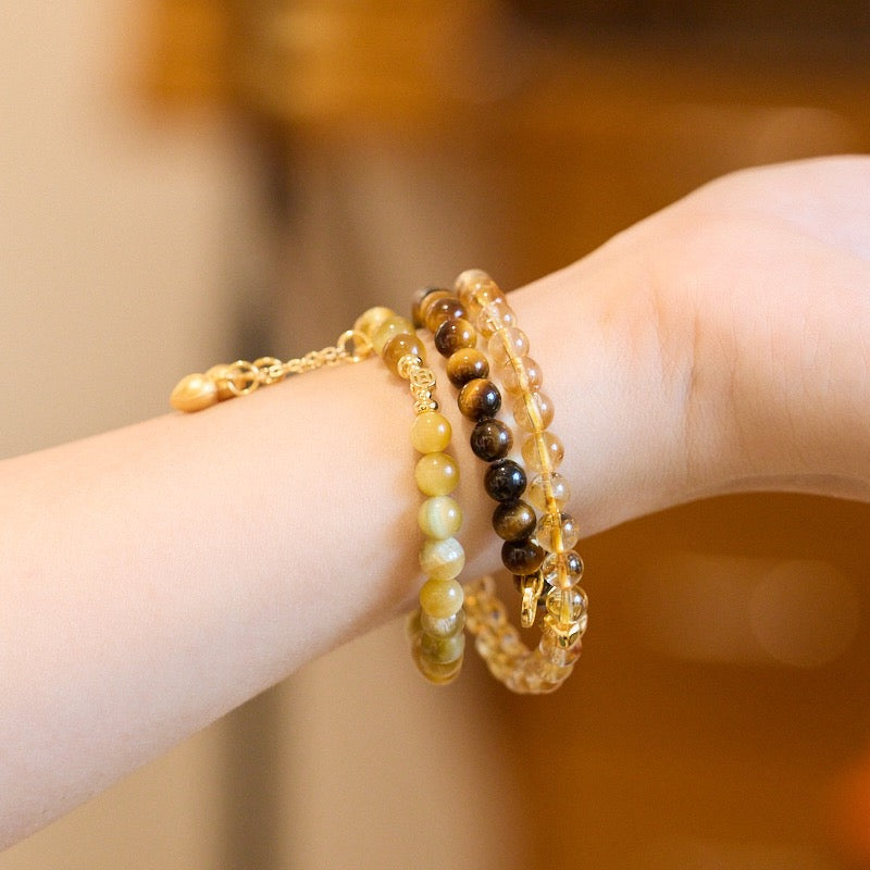“Golden Sunrise” 6mm Tiger Eye & Yellow Agate Double-Layer Bracelet