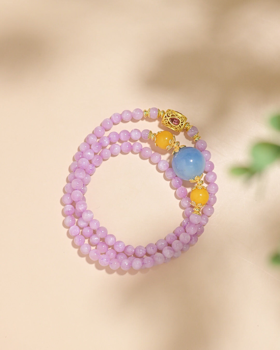 Natural Amber, Aquamarine & Lepidolite Bracelet | 5.3mm Beads with 925 Gold-Plated Tourmaline Charm