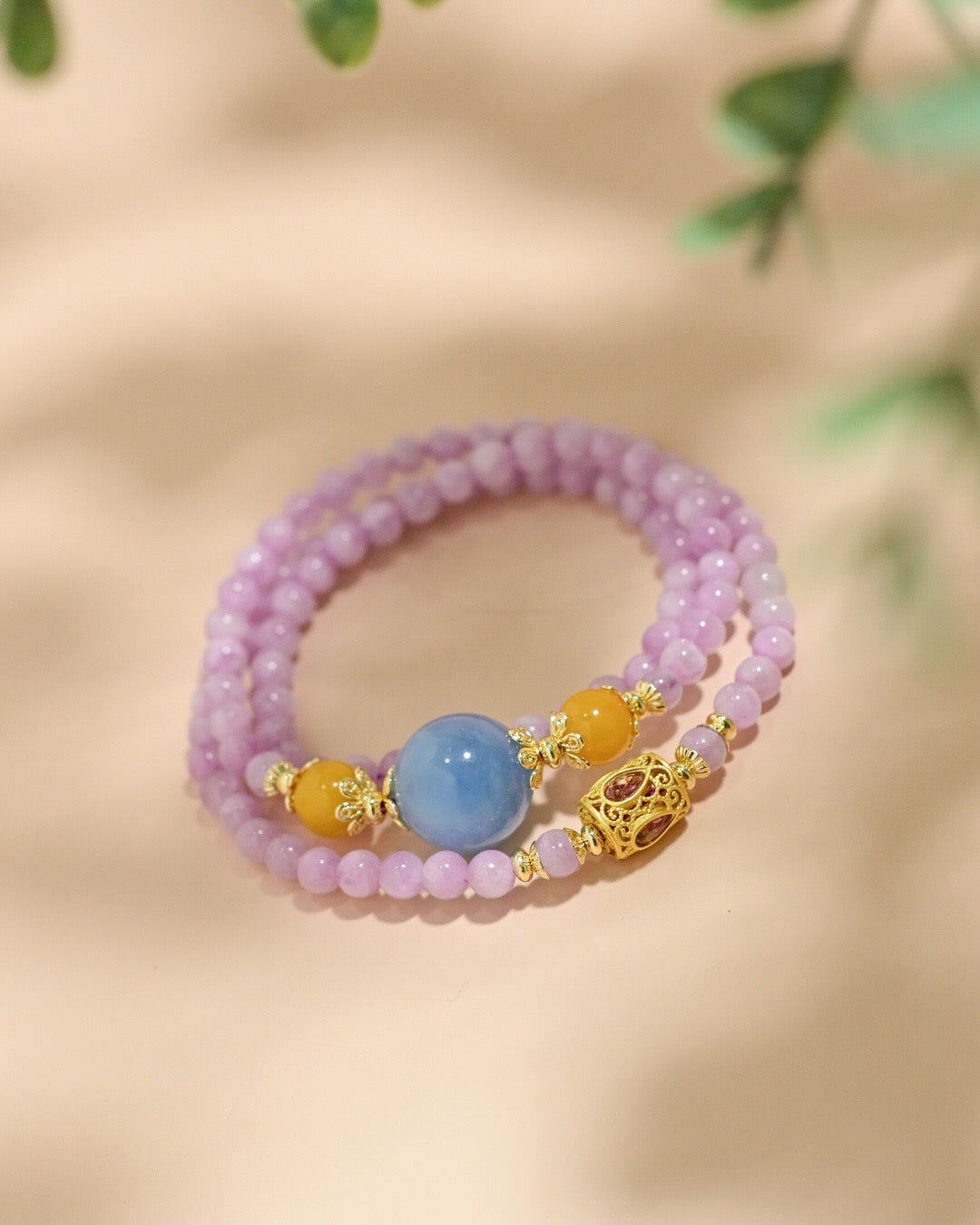 Natural Amber, Aquamarine & Lepidolite Bracelet | 5.3mm Beads with 925 Gold-Plated Tourmaline Charm