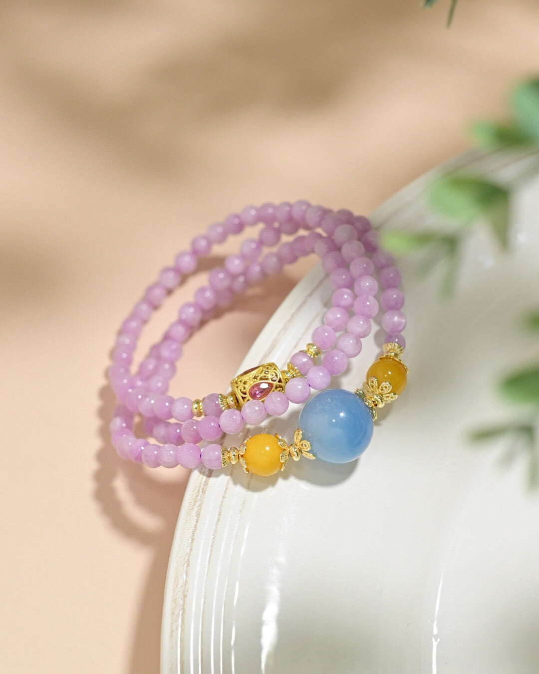 Natural Amber, Aquamarine & Lepidolite Bracelet | 5.3mm Beads with 925 Gold-Plated Tourmaline Charm