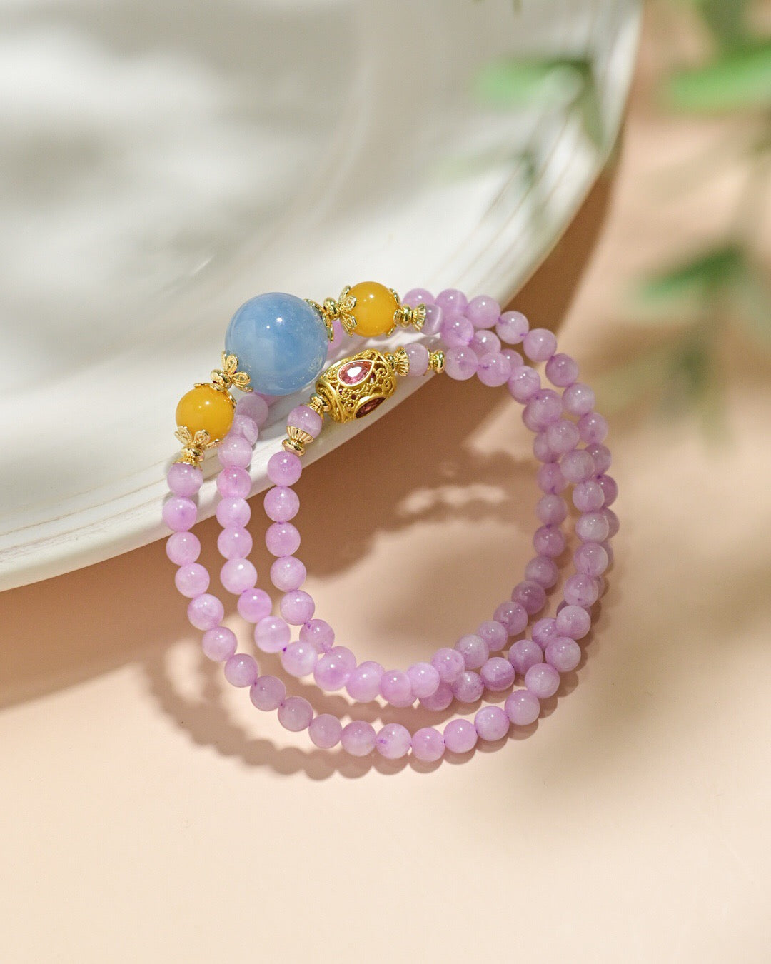Natural Amber, Aquamarine & Lepidolite Bracelet | 5.3mm Beads with 925 Gold-Plated Tourmaline Charm