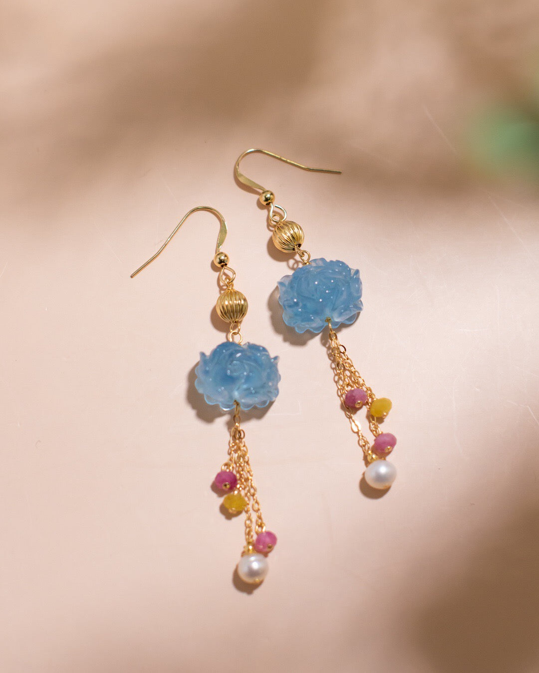Natural Aquamarine & Bicolor Tourmaline Tassel Earrings | 14k Gold-Filled Chain